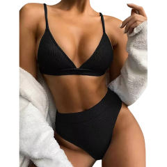 Solid Black Rib Fashion Bikini Set TQK610284-2
