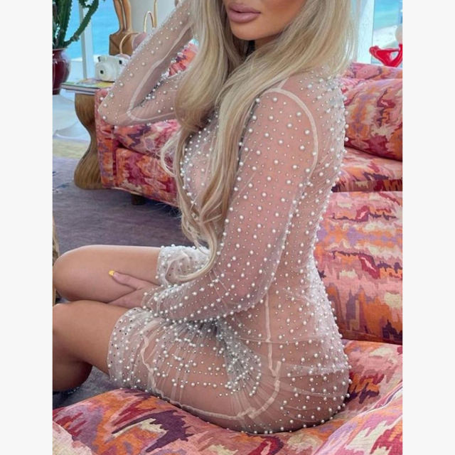 Beige Sheer Rhinestone Mesh Long Sleeve Beach Cover TQK311544-46