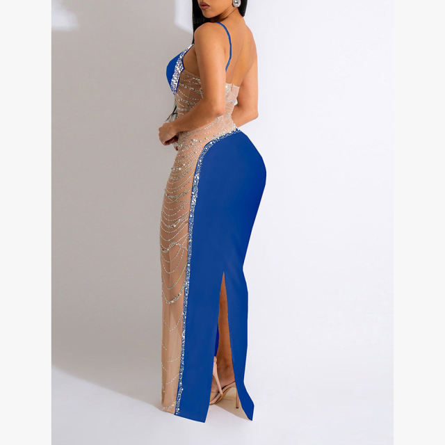 Blue Rhinestone Pearl Mesh One-shoulder Maxi Dress TQK311552-5