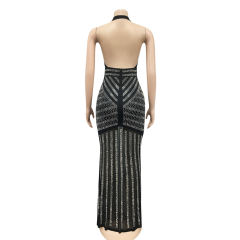 Black Halter V Neck Rhinestone See Through Maxi Dress TQK311240-2