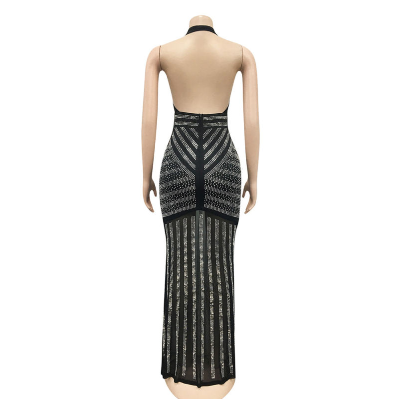 Black Halter V Neck Rhinestone See Through Maxi Dress TQK311240-2