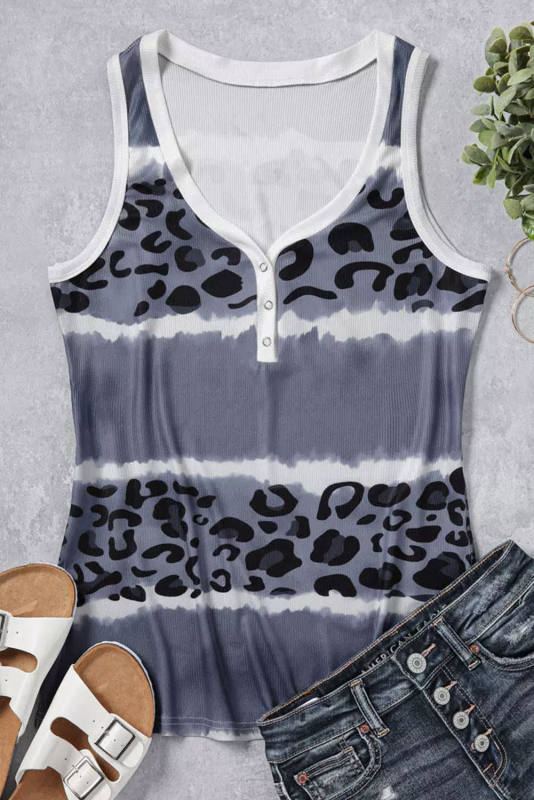 Gray Ribbed Leopard Tie Dye Snap Button Tank Top LC2568709-11