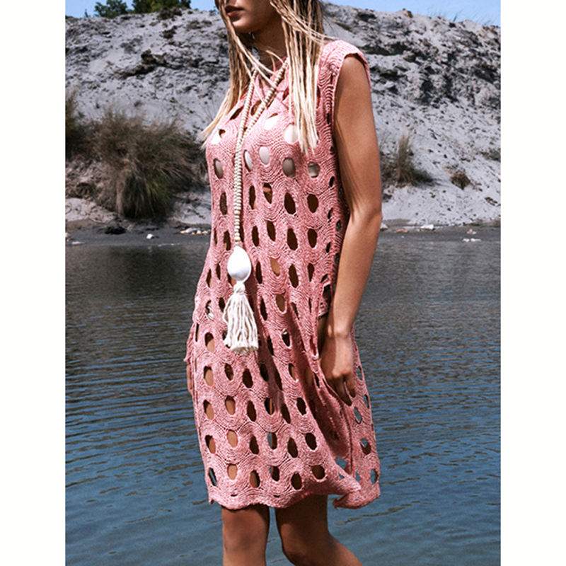 Pink Hollow-out Pullover Beach Cover with Slit TQG310034-10