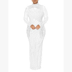 White Rhinestone Mesh Long Sleeve Maxi Dress TQK311551-1