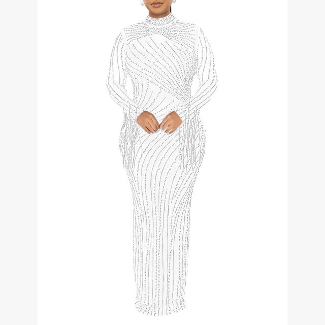 White Rhinestone Mesh Long Sleeve Maxi Dress TQK311551-1