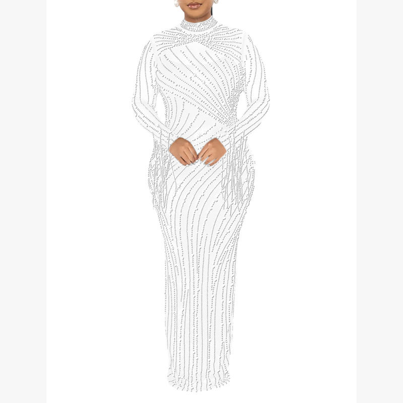 White Rhinestone Mesh Long Sleeve Maxi Dress TQK311551-1