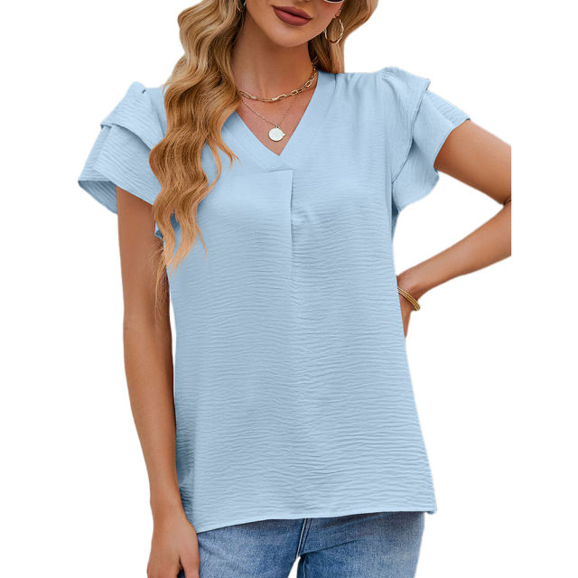 Light blue Chiffon V-neck Ruffled Short Sleeve Top TQG22001-30