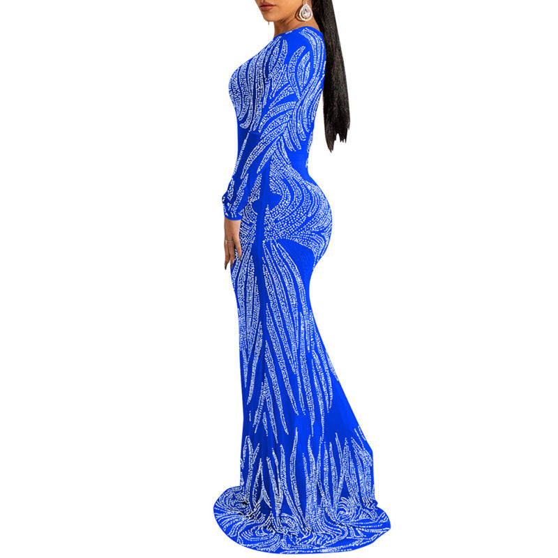 Blue Mesh Rhinestone See Through Long Sleeve Maxi Dress TQK311243-5