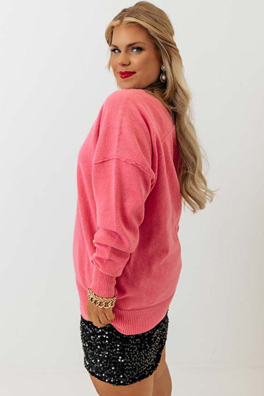 Pink Plus Size Drop Shoulder V Neck Sweater PL272112-10