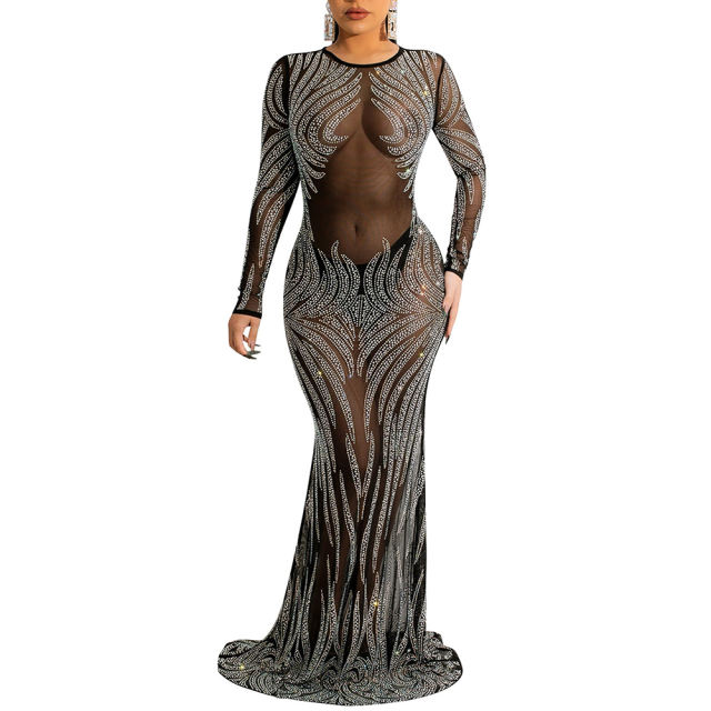 Black Mesh Rhinestone See Through Long Sleeve Maxi Dress TQK311243-2