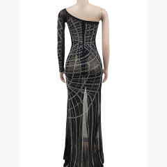 Black Off Shoulder Mesh Rhinestone High Split Maxi Dress TQK311550-2