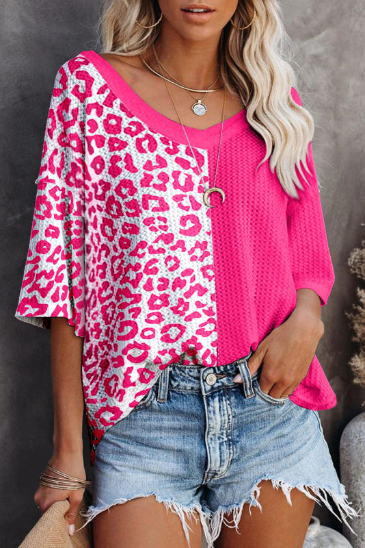 Rose Waffle Knit Leopard Solid Contrasting Blouse LC25121619-6