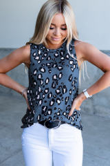 Blue Leopard Print Crew Neck Tank Top LC2565188-5