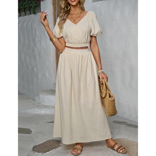 Apricot V Neck Crop Top and Pocket Skirt Set TQX711102-18