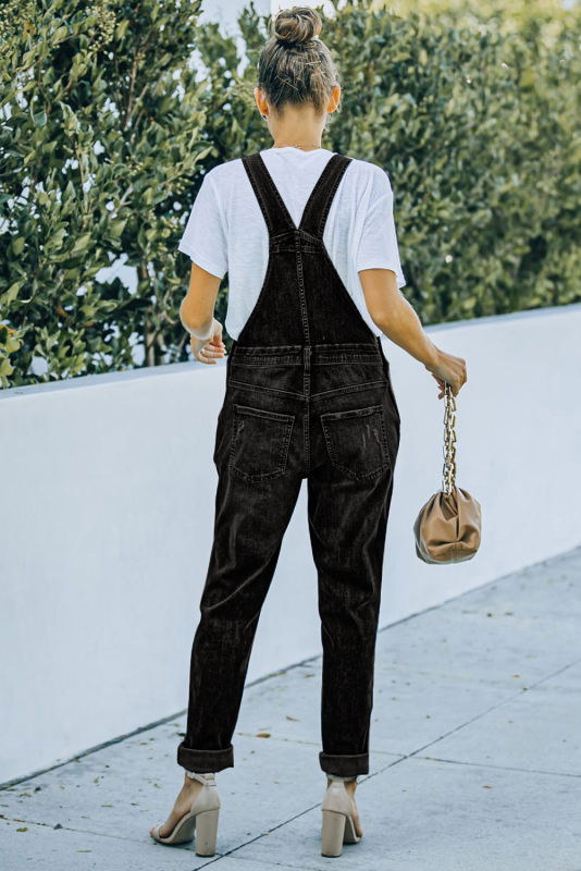 Black Distressed Bib Denim Overalls LC783879-2
