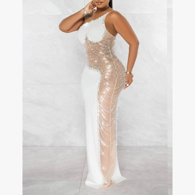 White Rhinestone Pearl Mesh One-shoulder Maxi Dress TQK311552-1