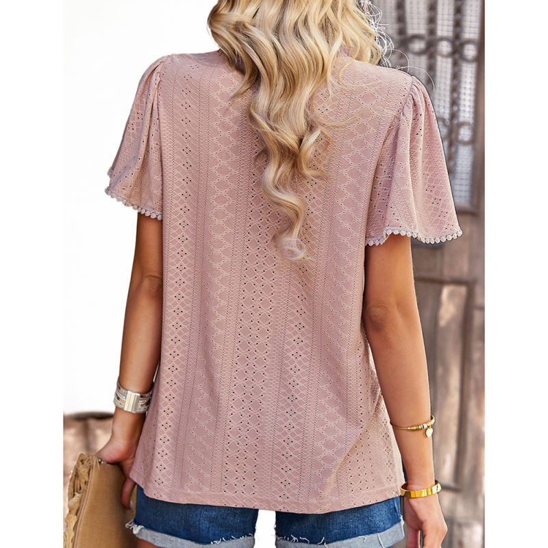 Pink Hollow-out Crew Neck Short Sleeve Top TQX210275-10