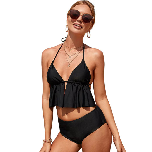 Black Ruffle Hem Halter Bikini Swimsuit TQK610305-2