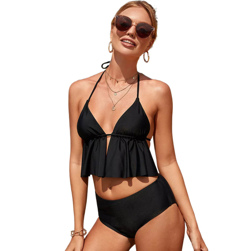 Black Ruffle Hem Halter Bikini Swimsuit TQK610305-2