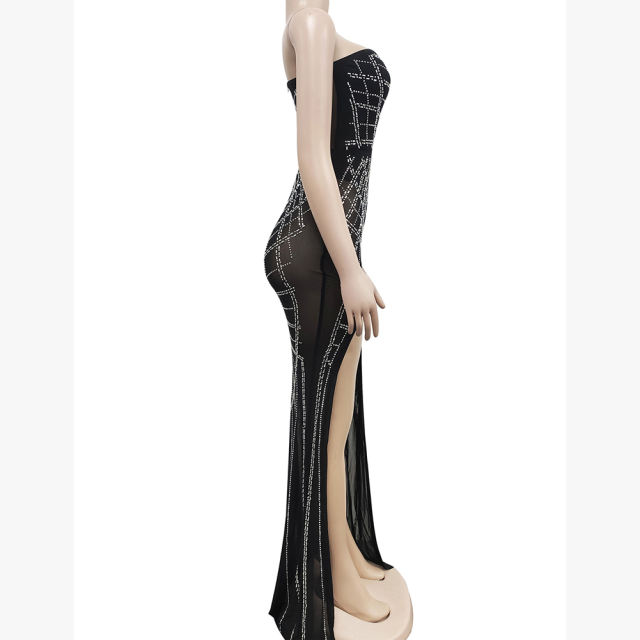 Black Off Shoulder Mesh Rhinestone High Split Maxi Dress TQK311550-2