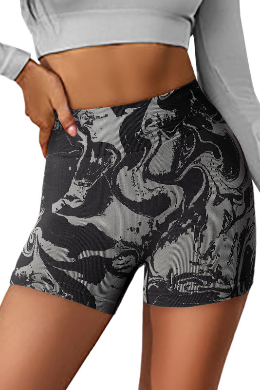 Black Abstract Print Ribbed High Waist Active Bottoms LC265198-2