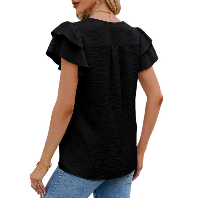Black Chiffon V-neck Ruffled Short Sleeve Top TQG22001-2