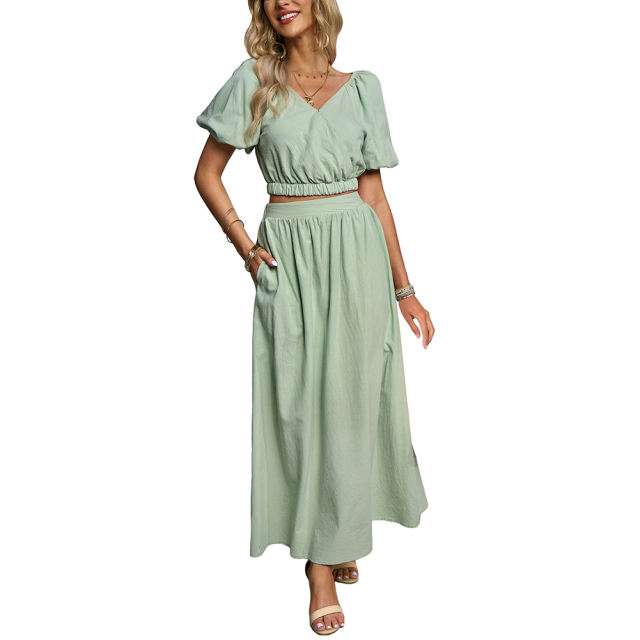 Pea Green V Neck Crop Top and Pocket Skirt Set TQX711102-64