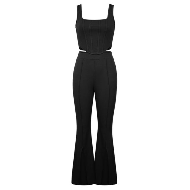 Black Sleeveless Crop Top with Split Pant Set TQG71001-2