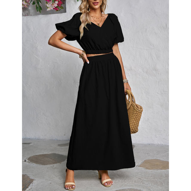 Black V Neck Crop Top and Pocket Skirt Set TQX711102-2