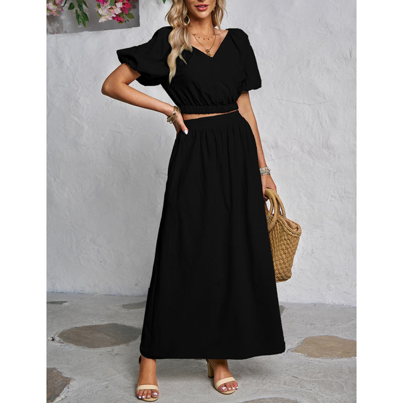 Black V Neck Crop Top and Pocket Skirt Set TQX711102-2