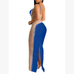Blue Rhinestone Pearl Mesh One-shoulder Maxi Dress TQK311552-5
