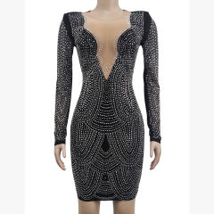 Black Deep V Neck Rhinestone Long Sleeve Bodycon Dress TQK311547-2
