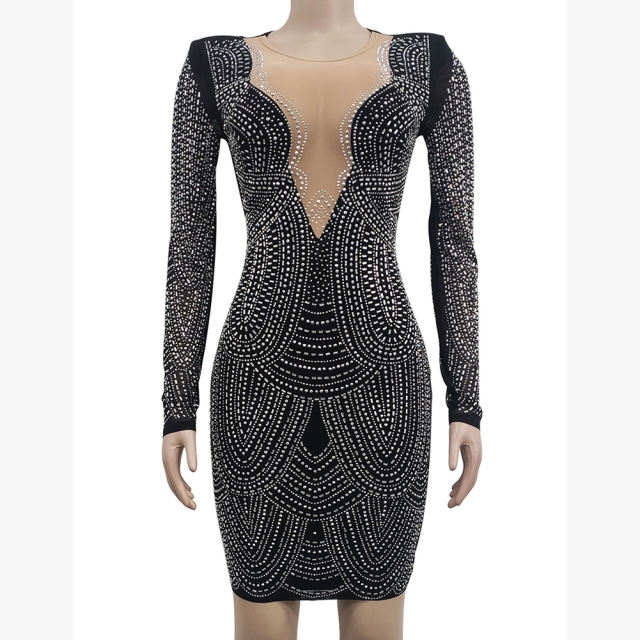 Black Deep V Neck Rhinestone Long Sleeve Bodycon Dress TQK311547-2