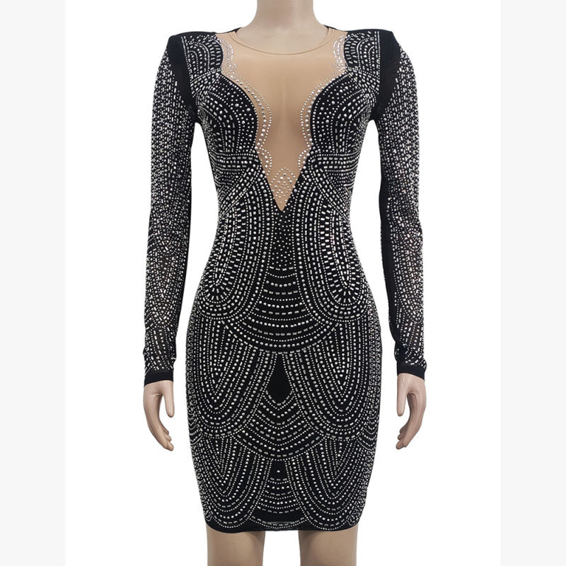 Black Deep V Neck Rhinestone Long Sleeve Bodycon Dress TQK311547-2