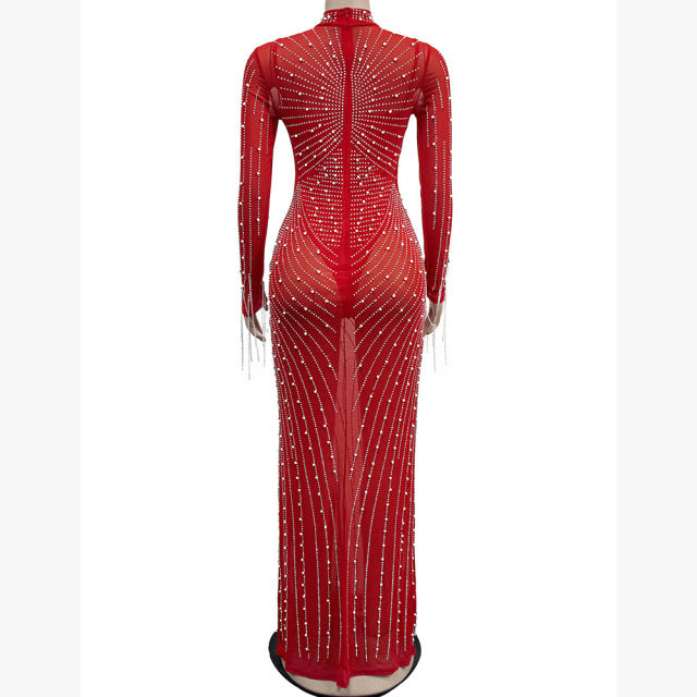 Red Rhinestone Mesh Long Sleeve Maxi Dress TQK311551-3