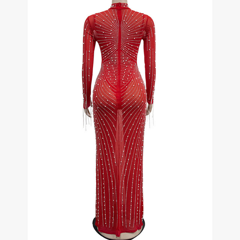 Red Rhinestone Mesh Long Sleeve Maxi Dress TQK311551-3