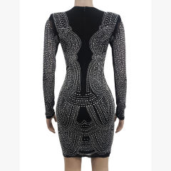 Black Deep V Neck Rhinestone Long Sleeve Bodycon Dress TQK311547-2