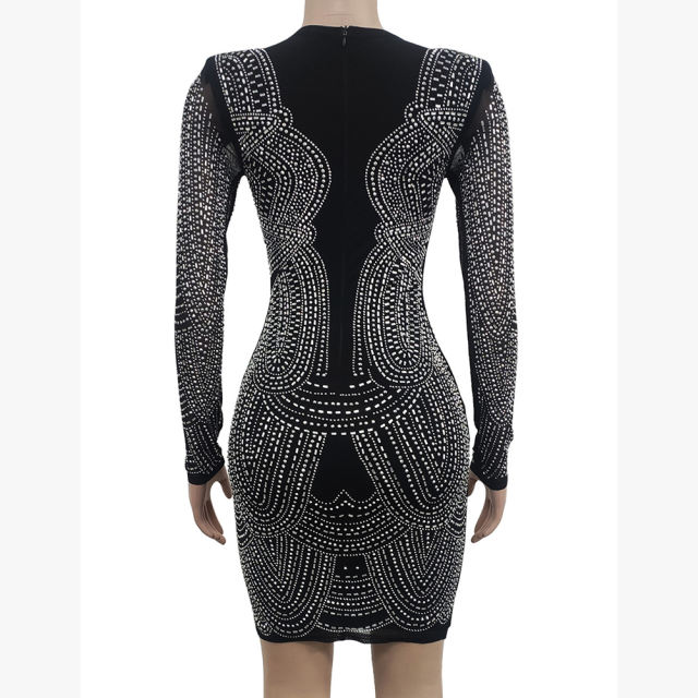 Black Deep V Neck Rhinestone Long Sleeve Bodycon Dress TQK311547-2