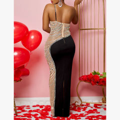 Black Rhinestone Pearl Mesh One-shoulder Maxi Dress TQK311552-2
