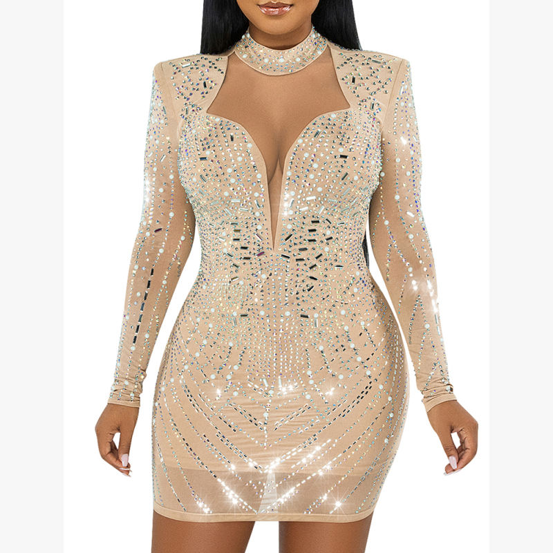 Apricot Mesh V Neckline Rhinestone Bodycon Dress TQK311548-18