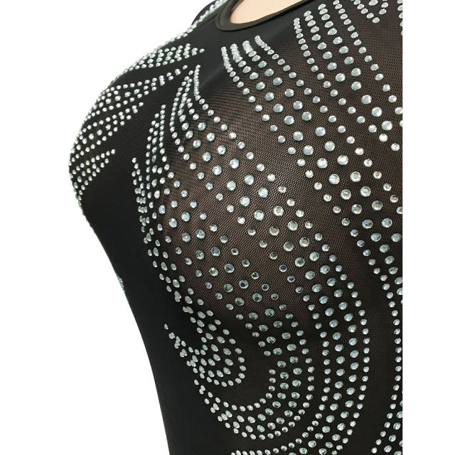 Black Mesh Rhinestone See Through Long Sleeve Maxi Dress TQK311243-2