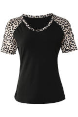 Black Leopard Color Block Cut Out Short Sleeve Top LC25220145-2