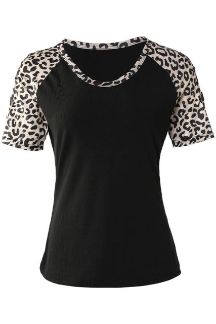 Black Leopard Color Block Cut Out Short Sleeve Top LC25220145-2