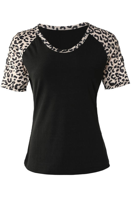 Black Leopard Color Block Cut Out Short Sleeve Top LC25220145-2