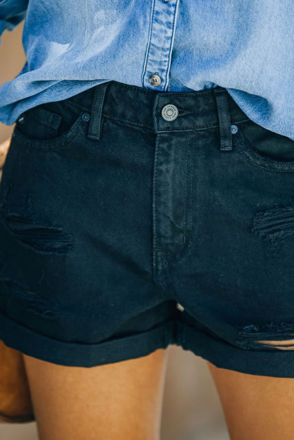 Black Rolled-up High Waist Distressed Denim Shorts LC783774-2
