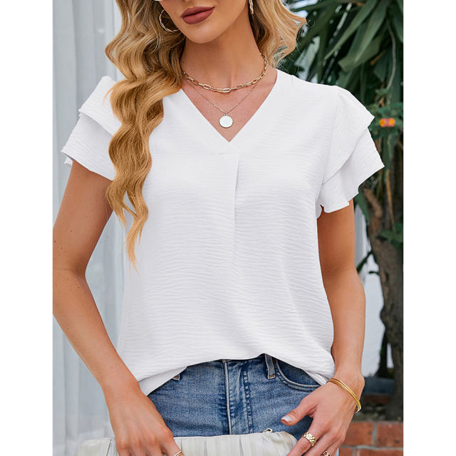 White Chiffon V-neck Ruffled Short Sleeve Top TQG22001-1