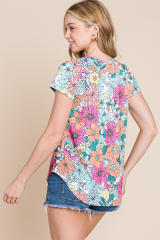 Multicolor Floral Print Asymmetric Hem Short Sleeve Top LC25220722-22