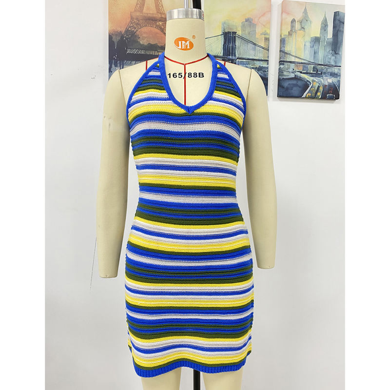 Blue Striped Knit Colorful Beach Dress TQK310838-5