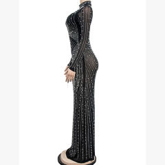 Black Rhinestone Mesh Long Sleeve Maxi Dress TQK311551-2