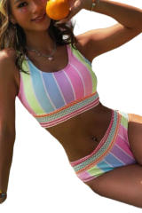 Pink Chevron Hollowed Trim 2pcs Rainbow Stripe Bikini Swimsuit LC433903-10
